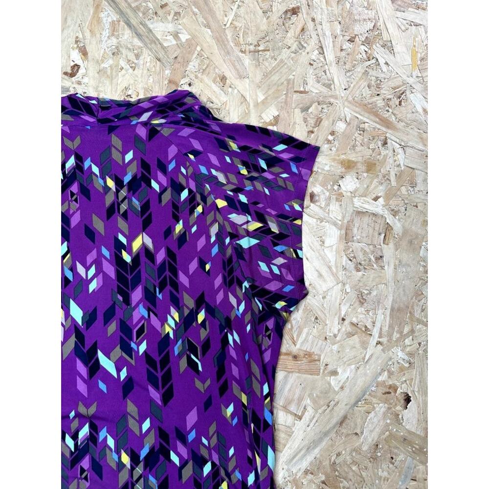 Attention Womens Purple Geometric Blouse Size Large Cap Sleeve V-Neck Belted Top - Picture 15 of 16